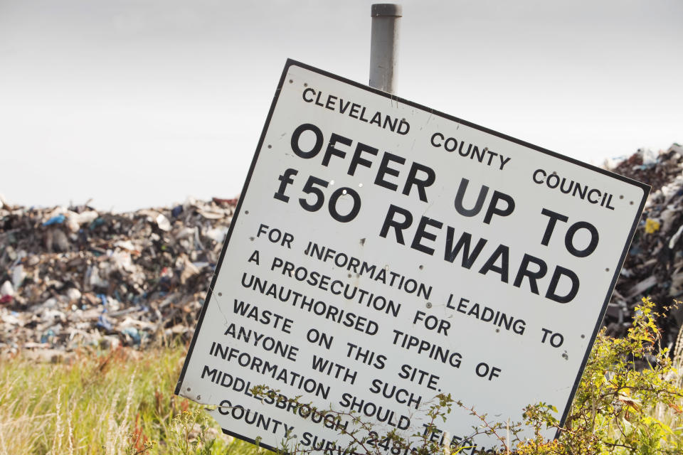 Rubbish dumped on wasteland on the outskirts of Hartlepool, North East, UK. (Photo by Ashley Cooper/Construction Photography/Avalon/Getty Images)