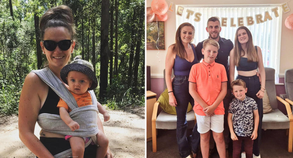 Left: Ruthie Ellis in Australia with youngest son. Right: Ruthie and John Ellis with children before moving to Australia in 2024. 