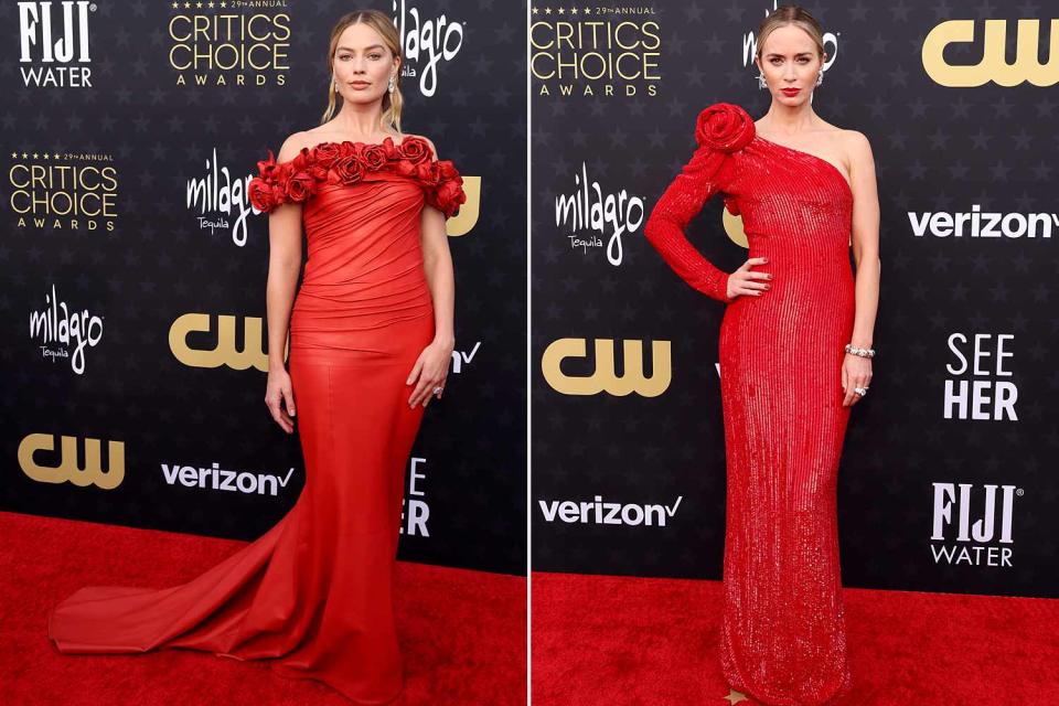 <p>Amy Sussman/WireImage</p> Margot Robbie (left) and Emily Blunt at the 2024 Critics Choice Awards.