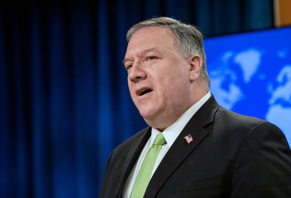 Secretary of State Mike Pompeo speaks during a press briefing at the State Department on Wednesday, May 20, 2020, in Washington. (Nicholas Kamm/Pool Photo via AP)