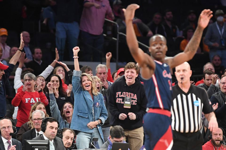 FAU fans cheer during a NCAA Tournament Sweet 16 game between Tennessee and FAU in Madison Square Garden, Thursday, March 23, 2023. FAU defeated Tennessee 62-55.