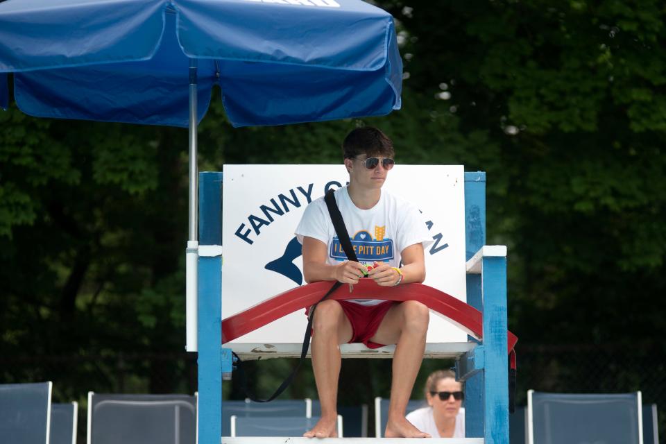 Max Quinn works as a lifeguard at Fanny Chapman Pool in Doylestown on Wednesday, June 22, 2022. Quinn started working at Fanny Chapman as a swim instructor years ago and later became certified to be a lifeguard. He loves being able to work with his friends about being a lifeguard at Fanny Chapman.