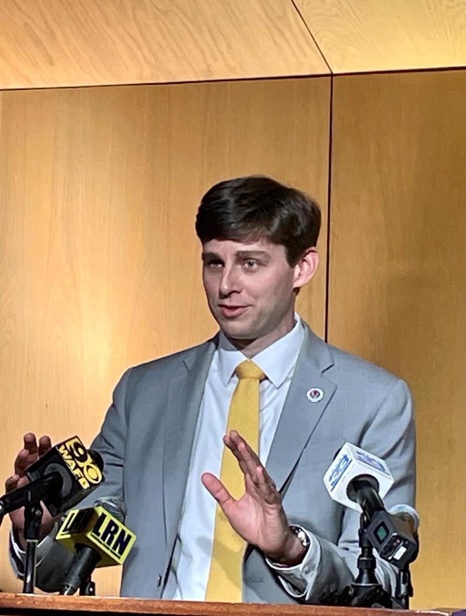 In this file photo, Republican state Rep. Richard Nelson addresses reporters on Aug. 10, 2023 at the Louisiana State Archives after qualifying to run in the Louisiana governor's race.