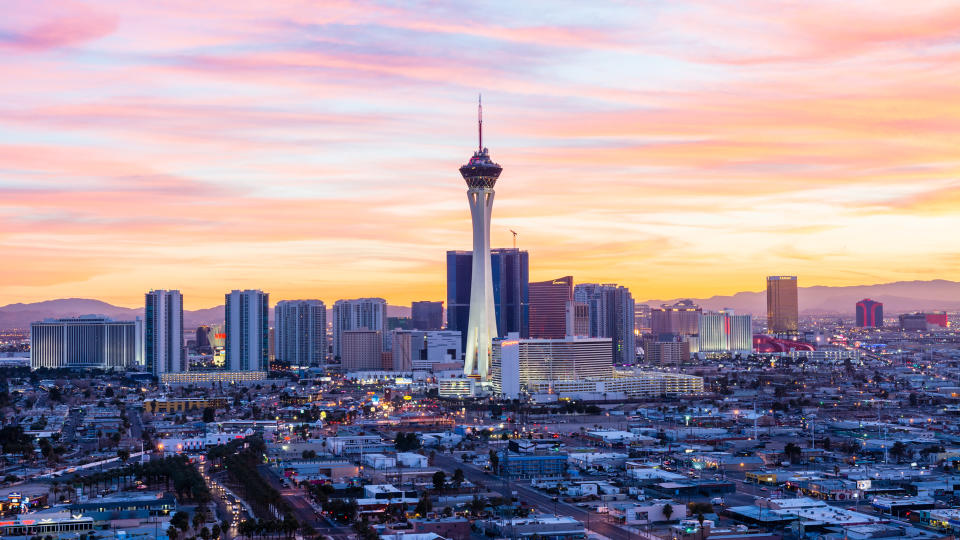 Las Vegas skyline at sunset.