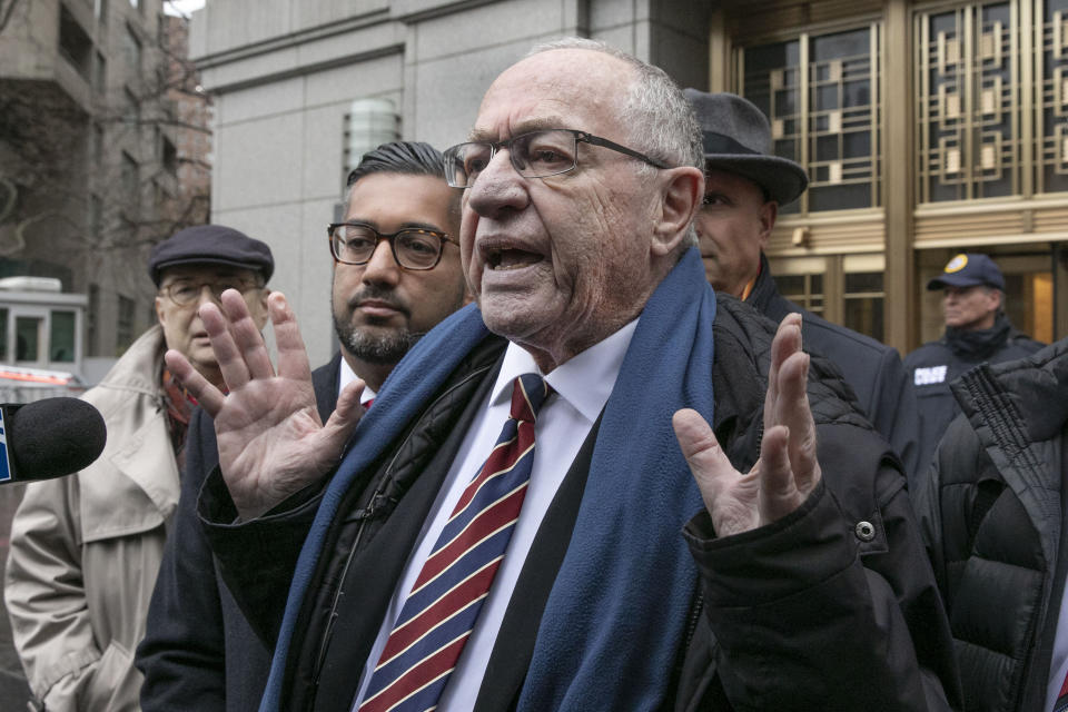 FILE - In this Dec. 2, 2019, file photo, attorney Alan Dershowitz talks to the press outside federal court, in New York. Retired law professor Alan Dershowitz says he hasn't changed at all and has a long history of representing people whose views he doesn't necessarily agree with. Dershowitz is part of President Donald Trump's defense team at the Senate impeachment trial. (AP Photo/Richard Drew, File)