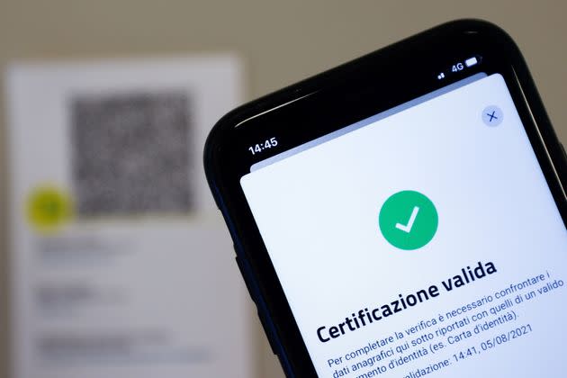 The VerificaC19 app, a smartphone app designed to scan and check the Green Pass (health pass) which has become mandatory to access an array of services and leisure activities, is seen on a mobile phone, amid the coronavirus disease (COVID-19) pandemic, in this illustration picture taken in Rome, Italy, August 5, 2021. Picture taken August 5, 2021. REUTERS/Guglielmo Mangiapane/Illustration (Photo: Guglielmo Mangiapane via Reuters)