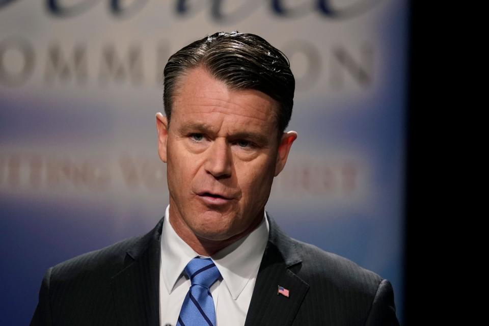 Indiana Republican Sen. Todd Young speaks during a U.S. Senate debate, Sunday, Oct. 16, 2022, in Indianapolis. (AP Photo/Darron Cummings, Pool)