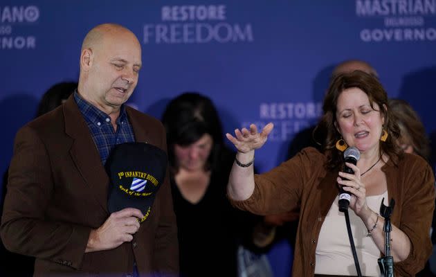 Pennsylvania Republican gubernatorial candidate Doug Mastriano and his wife Rebecca Mastriano pray on stage during his election night campaign gathering at the Penn Harris Hotel in Camp Hill, Pa., Tuesday, Nov. 8, 2022. Democrat Josh Shapiro won the race for governor of Pennsylvania. (Photo: AP Photo/Carolyn Kaster)