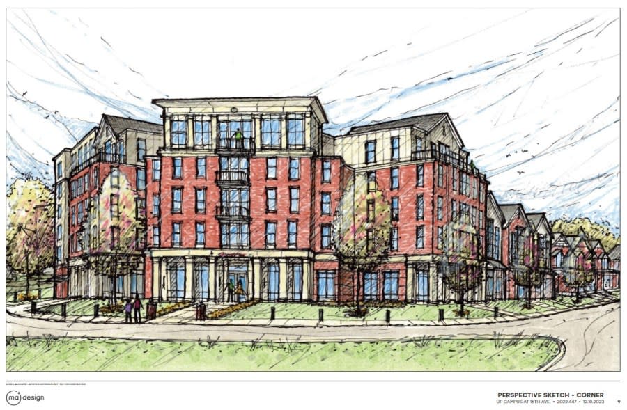 A proposed apartment complex on Waldeck and East 16th Avenues, at the site of Summit United Methodist Church. (Courtesy Photo/MA Design)