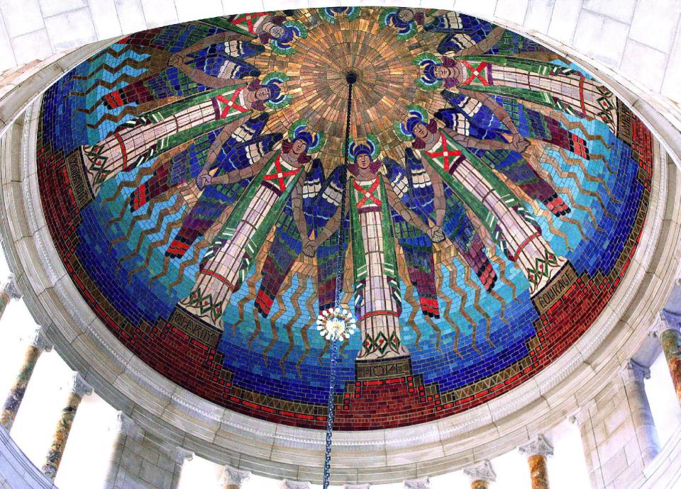 This 2009 photo provided by Hildreth Meiere Dunn shows the Nebraska State Capitol Rotunda Dome in Lincoln decorated by the photographer's grandmother, Art Deco muralist Hildreth Meiere. While Meiere's name has been largely forgotten, her works abound throughout the country. “The Art Deco Murals of Hildreth Meiere," by Catherine Coleman Brawer and Kathleen Murphy Skolnik with photographs by Meiere’s granddaughter, Hildreth Meiere Dunn, is set for release May 1. (AP Photo/via Hildreth Meiere Dunn)