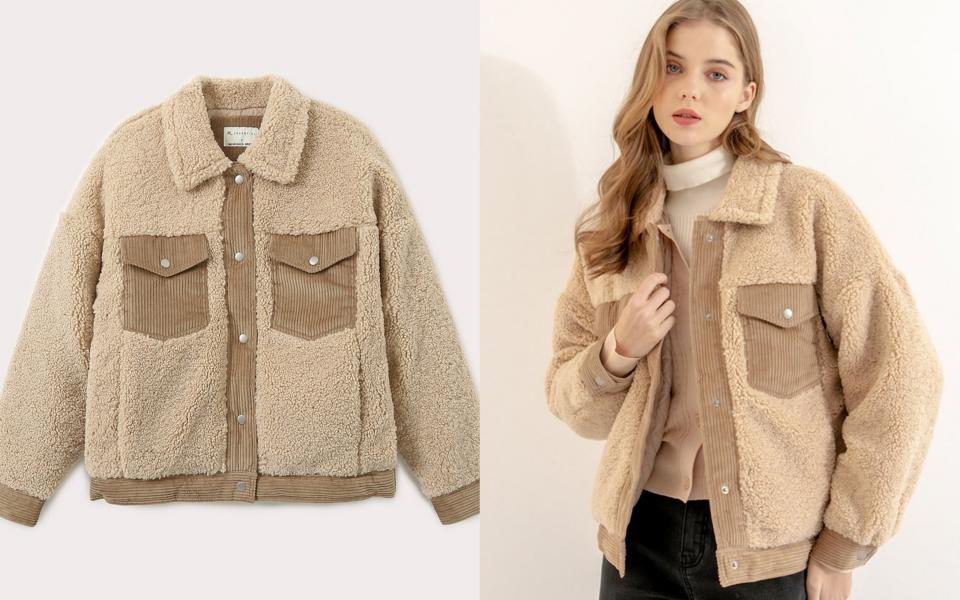 Hang Ten-女裝-羊羔絨拼接翻領外套-棕色。冬日最潮的搖粒絨材質翻領外套，不只保暖又好看