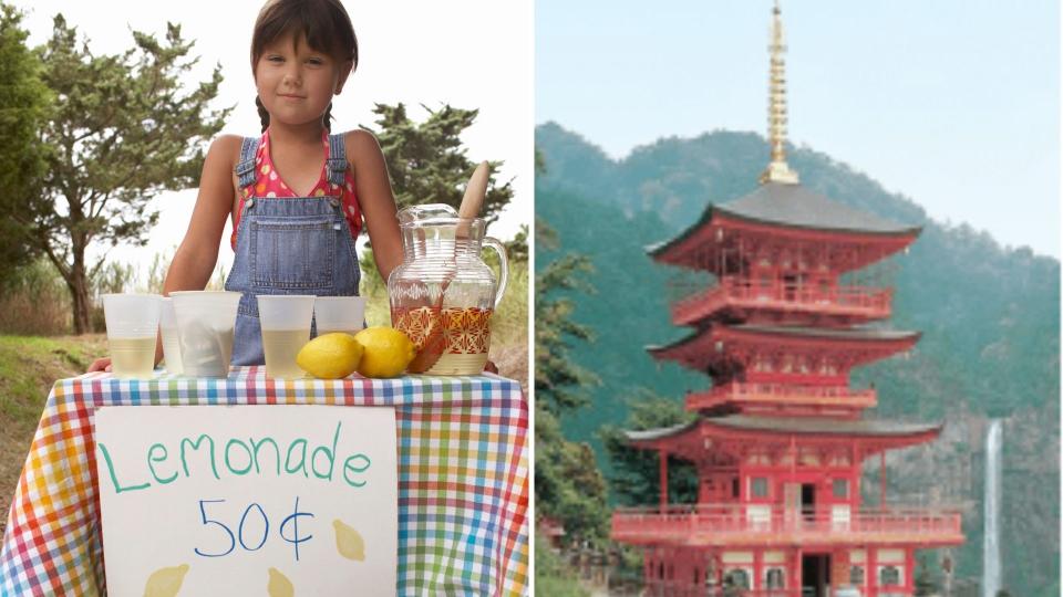 A girl selling lemonade on the left, and a Japanese temple built by Kongo-Gumi.  