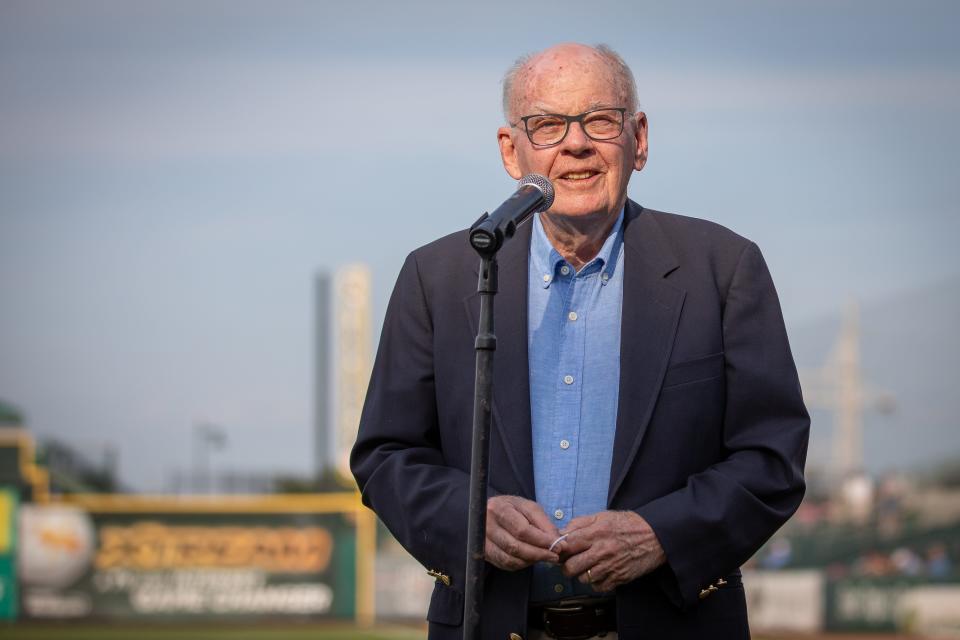 Iowa Cubs owner Michael Gartner speaks during a naturalization ceremony Tuesday, July 6, before a game against the St. Paul Saints at Principal Park. Twenty-five people from 15 different countries took the oath of allegiance to the United States of America and became U.S. citizens. Since the Cubs' first citizenship ceremony in 2009, more than 400 people have participated in the annual on-field event.