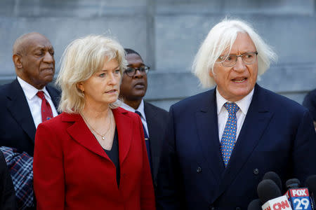 Attorneys for actor and comedian Bill Cosby Kathleen Bliss and Tom Mesereau speak outside the Montgomery County Courthouse after a jury convicted Cosby during a sexual assault retrial in Norristown, Pennsylvania, U.S., April 26, 2018. REUTERS/Brendan McDermid