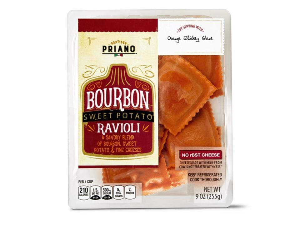 beige and red package of Aldi's bourbon sweet potato ravioli