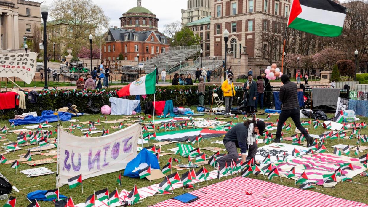 For the fifth day, pro-Palestinian students occupy a central lawn on the Columbia University campus, on April 21, 2024 in New York City. (Photo by Andrew Lichtenstein/Corbis via Getty Images) (Andrew Lichtenstein/Corbis via Getty Images)