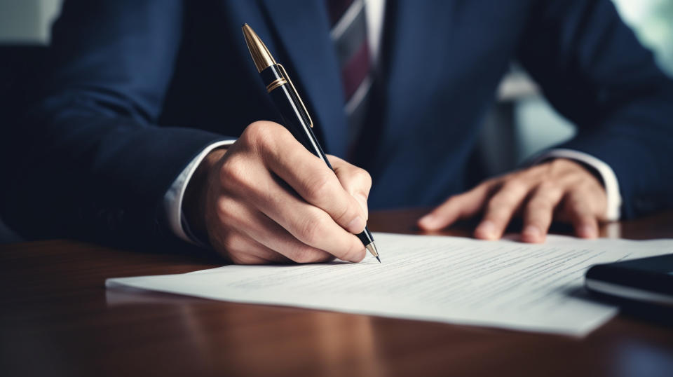 A close up of a loan officer signing a document, finalizing a successful deal.