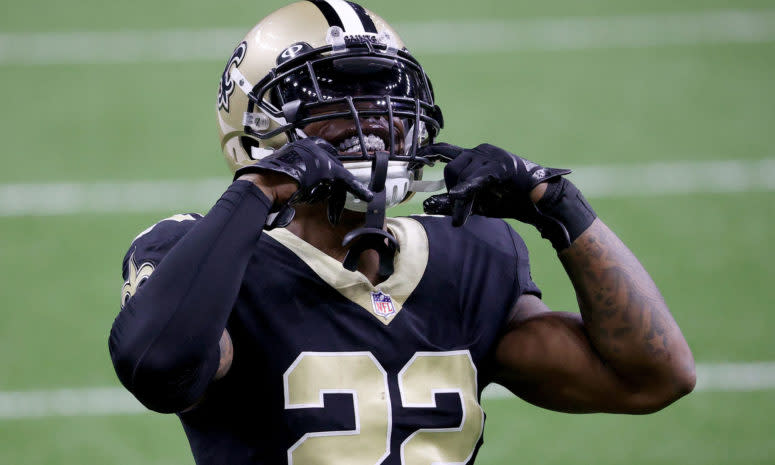 Chauncey Garnder-Johnson of the Saints celebrates.