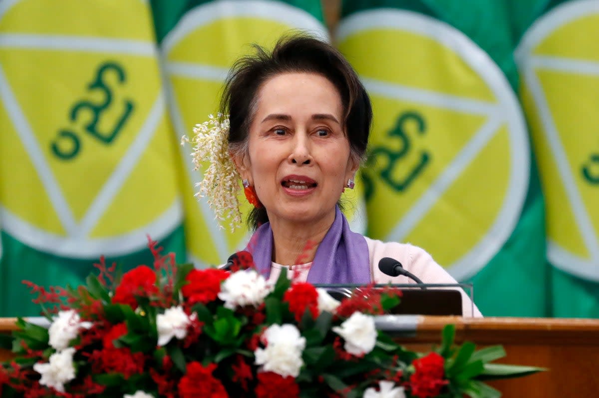 Myanmar’s then leader Aung San Suu Kyi delivers a speech in 2020  (AP )