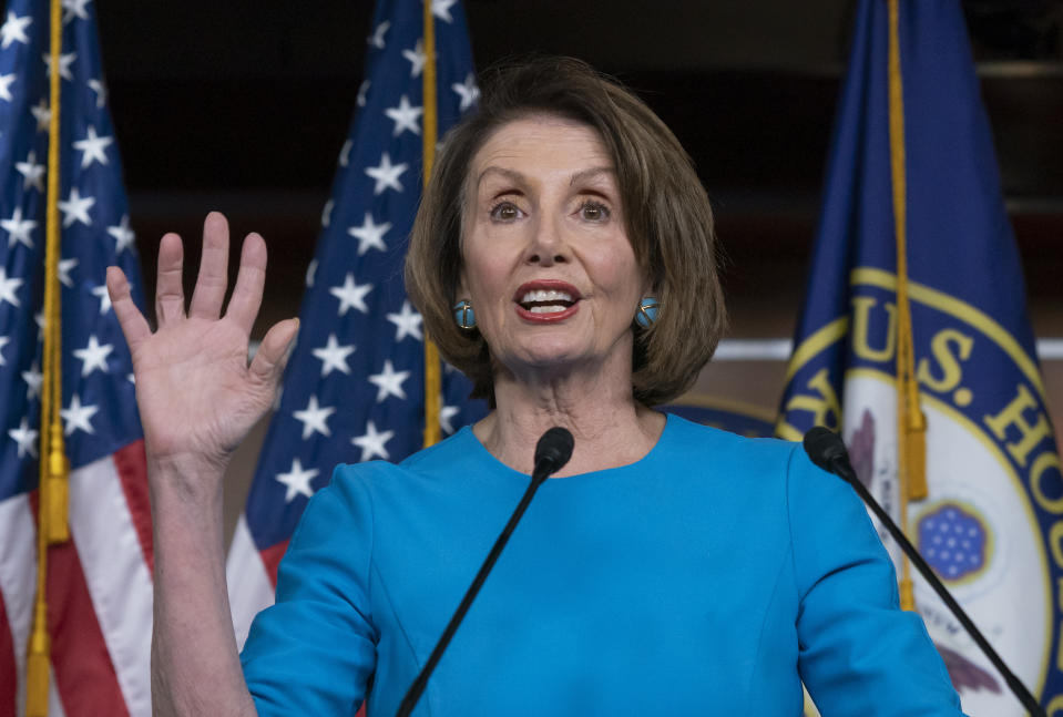 Speaker of the House Nancy Pelosi, D-Calif., meets with reporters at her weekly news conference at the Capitol in Washington, Thursday, May 16, 2019. Pelosi says the U.S. must avoid war with Iran, and she says the White House has "no business" moving toward a Middle East confrontation without approval from Congress. (AP Photo/J. Scott Applewhite)