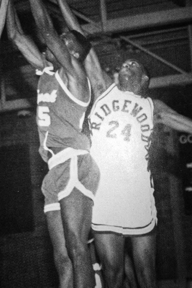 Keith Dawkins playing basketball for Ridgewood High School in 1987.