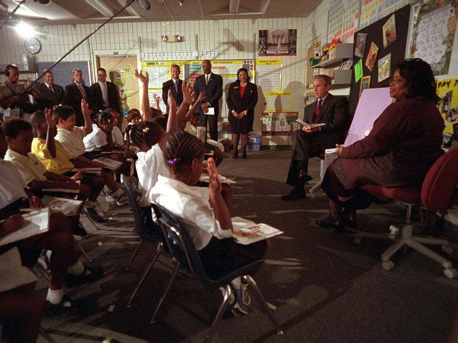 George Bush reads to children at Emma E Booker Elementary School in Sarasota, Florida, on the morning of Tuesday September 11, 2001. (George W Bush Llibrary)