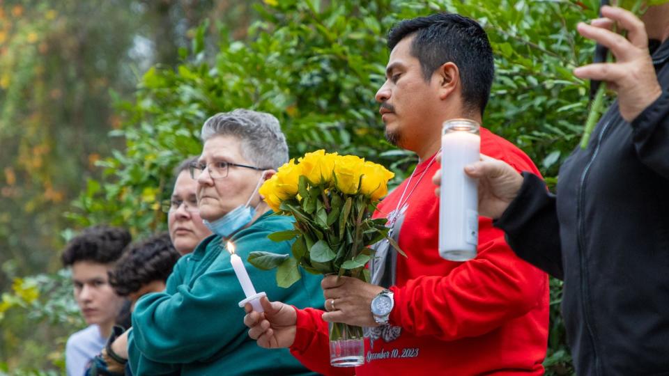 Family and friends gathered outside the house where 17-year-old Sofia Lugo was killed, hours after her accused killer, 21-year-old Saul Garcia Macias was arrested on Dec. 27, 2023.