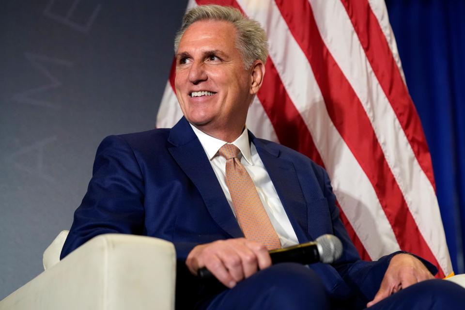 House GOP Leader Kevin McCarthy, R-Calif., appears on stage before former President Donald Trump speaks at an America First Policy Institute agenda summit in Washington in July. McCarthy was weakened by the party's subpar performance as he reaches for the speaker's gavel.(AP Photo/Andrew Harnik, File)