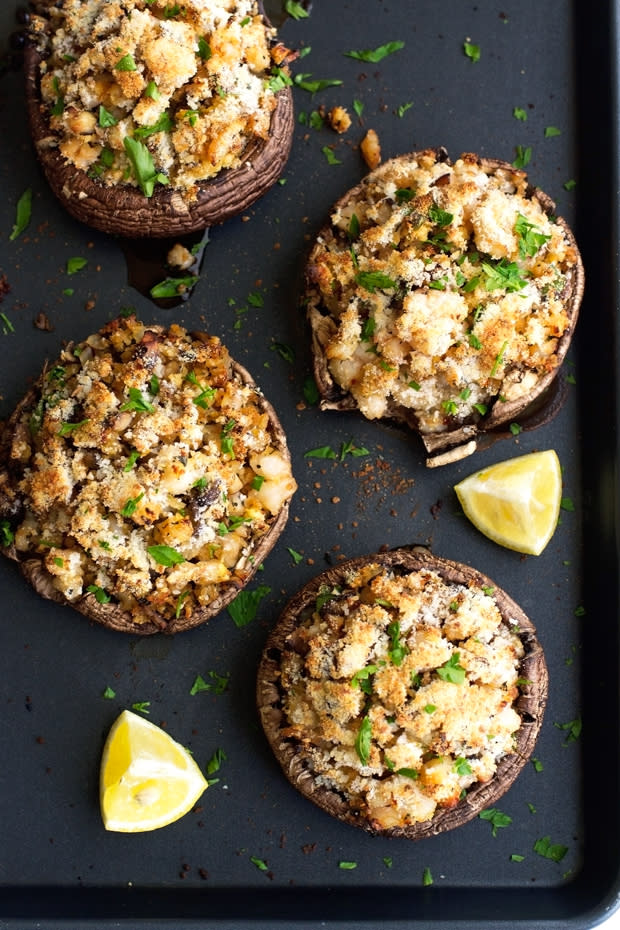 Shrimp Stuffed Portobello Mushrooms - Easy to make, waistline friendly, and just 30 minutes from start to finish! #stuffedmushrooms #shrimp #portobellowmushrooms | Littlespicejar.com