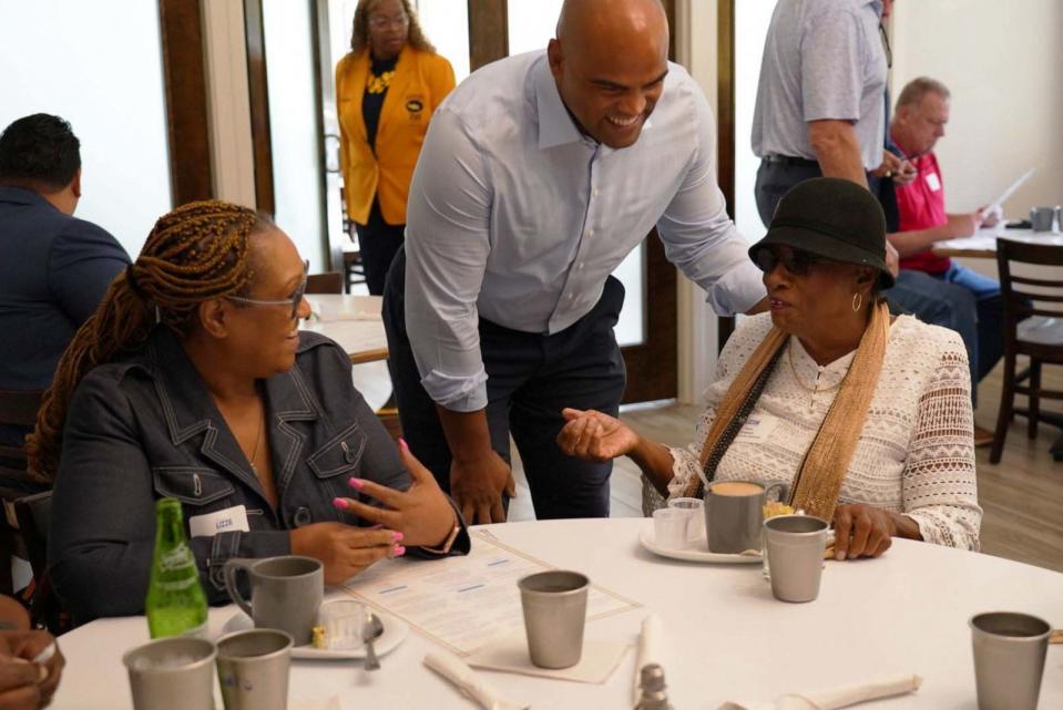 PHOTO: Allred greets labor union leaders at breakfast on Friday. (Colin Allred for Congress)