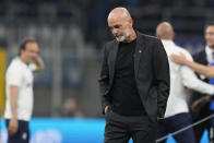 AC Milan's manager Stefano Pioli looks dejected after the Champions League semifinal second leg soccer match between Inter Milan and AC Milan at the San Siro stadium in Milan, Italy, Tuesday, May 16, 2023. (AP Photo/Antonio Calanni)