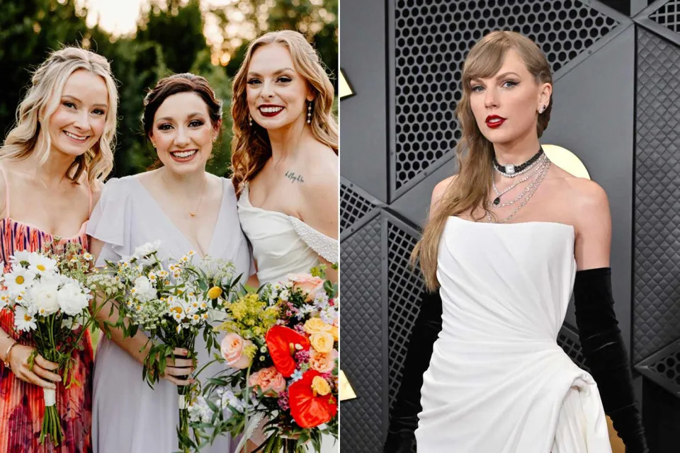 <p>Kindle & Grain Photography; Axelle/Bauer-Griffin/FilmMagic</p> Sierra and her bridesmaids in their mismatched dressed; Taylor Swift attends the 66th GRAMMY Awards