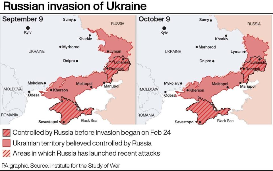 This map shows the state of Russia’s invasion of Ukraine as of 9 October (Press Association Images)