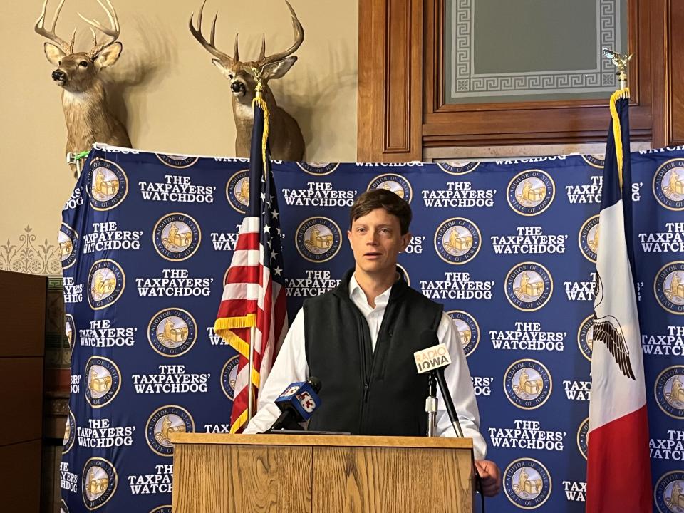 State Auditor Rob Sand holds a news conference on property taxes at the Iowa State Capitol on Tuesday, Jan. 23, 2024.