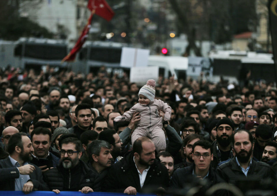 Demonstrators participate in a protest against the mosque attacks in New Zealand during a protest in Istanbul, Saturday, March 16, 2019. Thousands of demonstrators have protested the New Zealand mosque shootings outside Istanbul's Hagia Sophia _ a Byzantine-era cathedral that was turned into a mosque and now serves as a museum.The demonstrators _ mostly members of Islamic-leaning civil society groups _ called for the symbolic edifice to be reconverted into a mosque. (AP Photo/Lefteris Pitarakis)