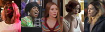 This combination of photos shows Emmy nominees for lead actress in a limited or anthology series or movie, from left, Michaela Coel in "I May Destroy You," Cynthia Erivo in "Genius: Aretha," Elizabeth Olsen in "WandaVision," Anya Taylor-Joy in "The Queen's Gambit," and Kate Winslet in "Mare of Easttown." (HBO/National Geographic/Disney+/Netflix/HBO via AP)