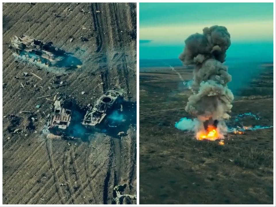 Aerial footage shows destroyed vehicles and a huge explosion near Avdiivka