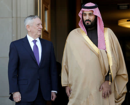 U.S. Defense Secretary James Mattis (L) welcomes Saudi Arabia's Deputy Crown Prince and Minister of Defense Mohammed bin Salman at the Pentagon in Washington, U.S., March 16, 2017. REUTERS/Yuri Gripas