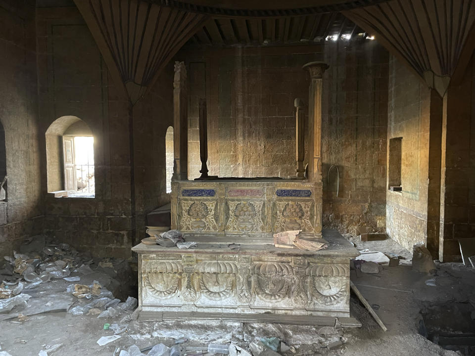 A carved and decorated grave marker threatened with demolition is seen at the tomb of Gulzar and Hussein Basha, from the mid-1800s in Cairo's historic City of the Dead, Egypt, Sept. 1, 2023. Authorities have already razed hundreds of tombs and mausoleums as they carry out plans to build a network of multilane highways through the City of the Dead, a vast cemetery in the Egyptian capital that has been in use for more than a millennium. (AP Photo/Amr Nabil)