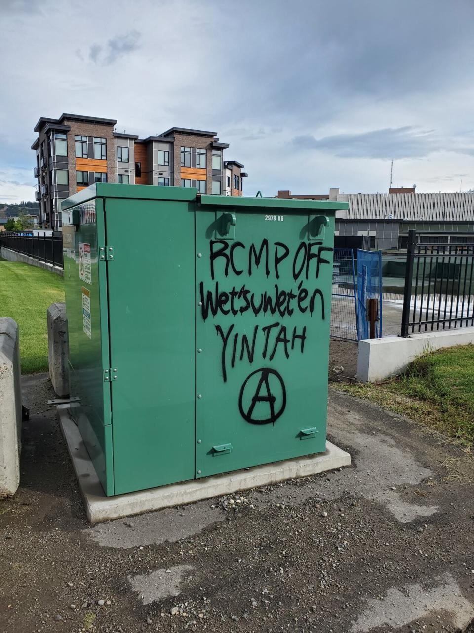 Graffiti spray-painted on an electrical box near Prince George city hall in support of Wet'suwet'en opponents of the Coastal GasLink pipeline. 