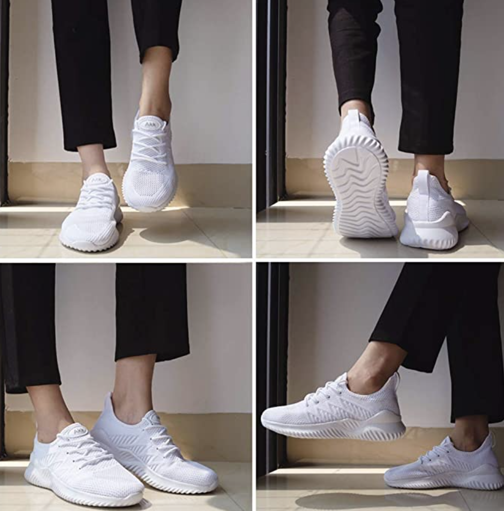 Four photos of person wearing white sneakers