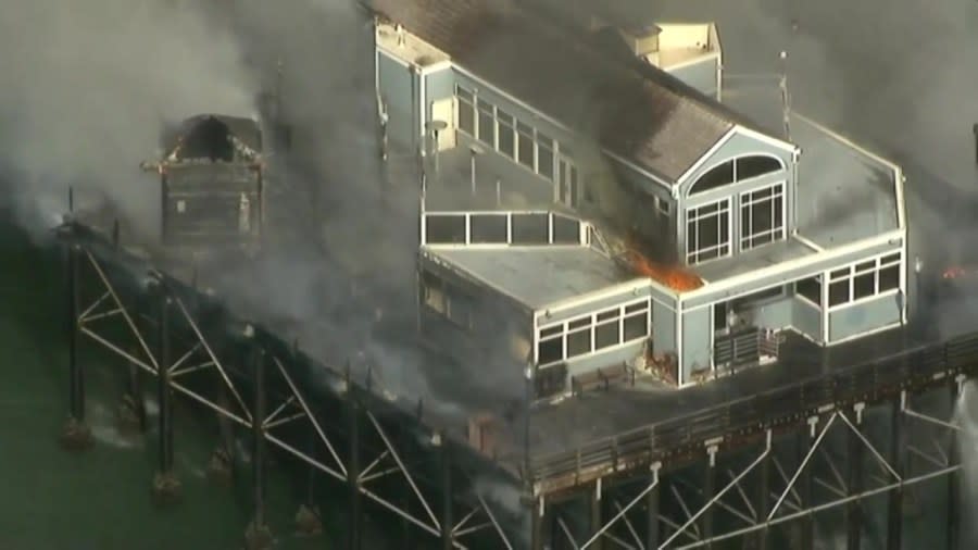 Smoke from a fire at the end of Oceanside Pier Thursday afternoon. (KSWB/KUSI)