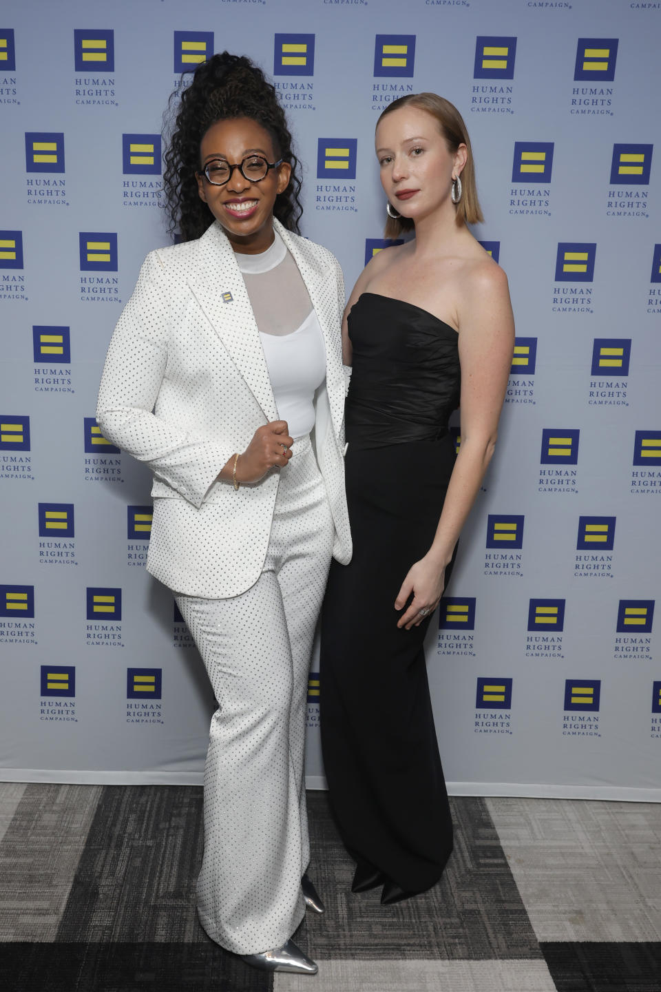 LOS ANGELES, CALIFORNIA - MARCH 23: (L-R) Kelley Robinson, President, Human Rights Campaign and Hannah Einbiner attend the 2024 Human Rights Campaign dinner at Fairmont Century Plaza on March 23, 2024 in Los Angeles, California.  (Photo by Emma McIntyre/Getty Images for Human Rights Campaign)