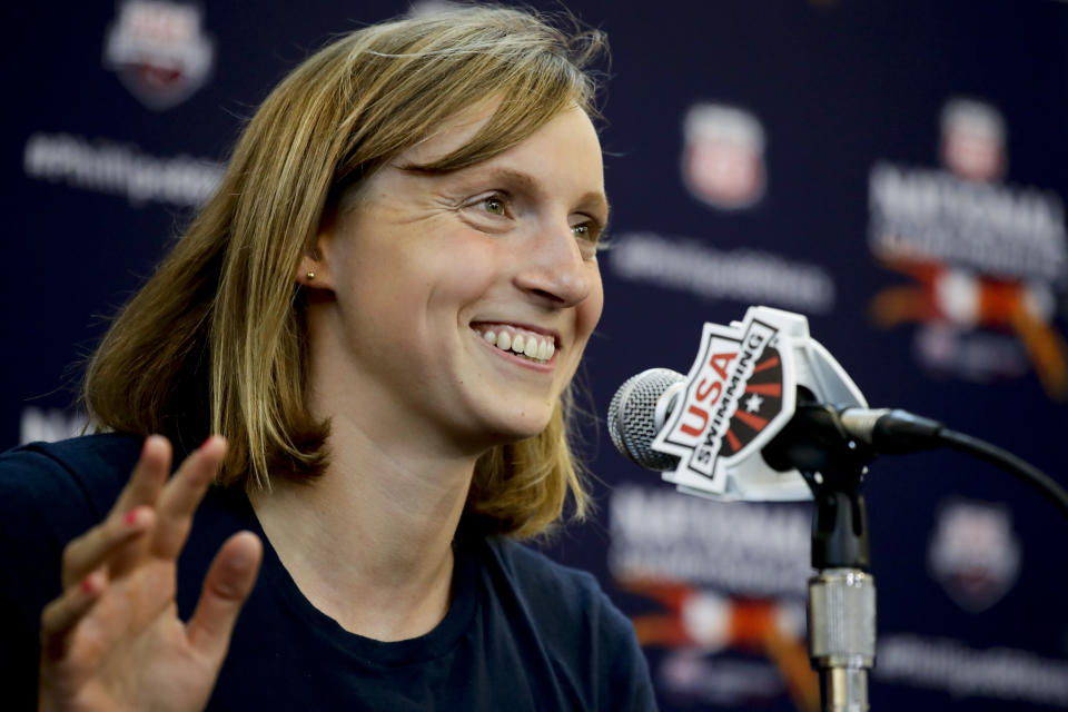 Katie Ledecky talks during a news conference for the Phillips 66 National Championship Swimming meet Tuesday, July 24, 2018, in Irvine, Calif. (AP Photo/Chris Carlson)