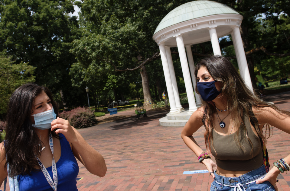 Freshman students at the University of North Carolina at Chapel Hill discuss their frustrations with housing on August 18, 2020 in Chapel Hill, North Carolina. (Photo: Melissa Sue Gerrits/Getty Images)