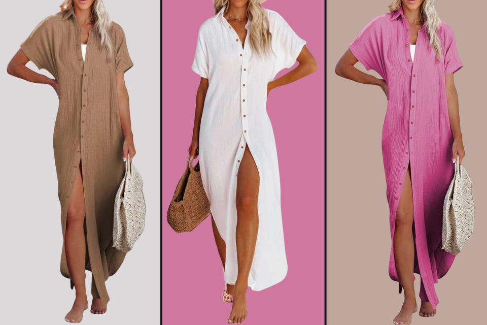 women wearing brown, white and pink swimsuit cover-up dress, Dokotoo Womens Casual Short Sleeve Side Split Button Down Long Kimonos Cardigans Swimsuit Cover Ups, This breezy shirtdress makes the perfect beach cover-up — and it’s 31% off on Amazon right now (Photos via Amazon).