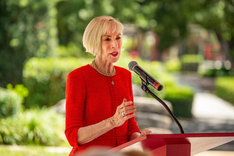 Anne Kerr speaks during a groundbreaking ceremony for the Adams Athletic Performance Center at Florida Southern College, which replaced the historic bandshell.