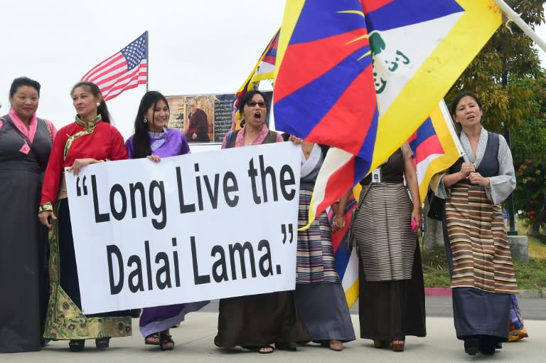 Supporters of the Dalai Lama gather on July 5, 2015 in Anaheim, California, where the religious leader will speak and celebrate his 80th birthday