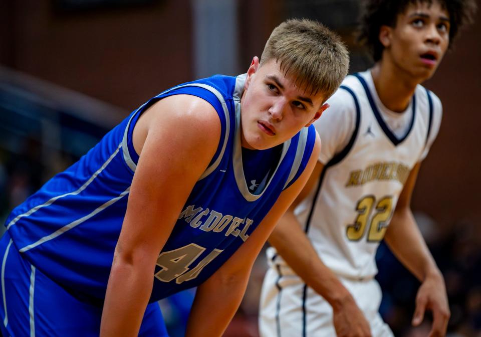 McDowell junior forward Rylan Parkins lines up against TC Roberson Wednesday night at TC Roberson High School in Arden, NC. McDowell defeated TC 62-57.