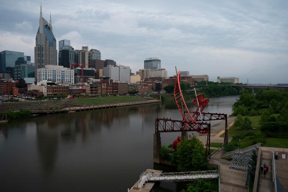 Downtown Nashville's view will be changing dramatically on the east side of the Cumberland River in the coming decade with the planned East Bank development (right of picture) in a picture made Tuesday, May 7, 2024.